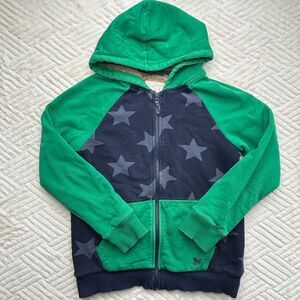 Mini Boden Boys Size 11-12Y Green Navy Star Sherpa Lined Zip Hoodie Cozy Jacket